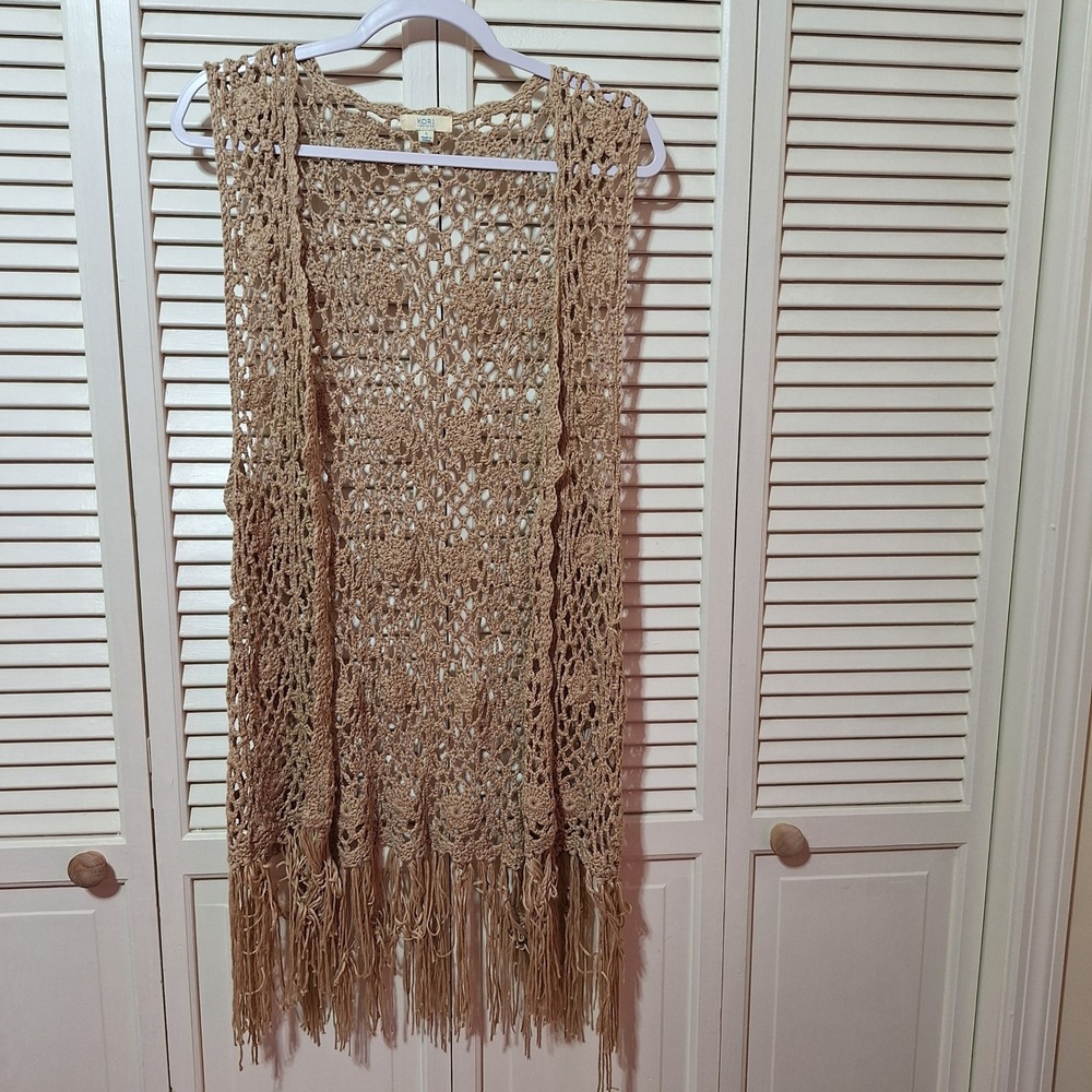 Kori America Tan Crochet Fringe Longline Vest Boho Open Knit Floral D1058 Large
